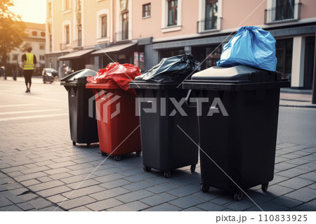 Full dumpsters separate waste, garbage containers standing on the street. Environmental, Ecology 110833925