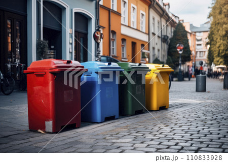 Full dumpsters separate waste, garbage containers standing on the street. Environmental, Ecology 110833928