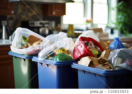 Full dumpsters separate waste, garbage containers standing on the street. Environmental, Ecology 110833933
