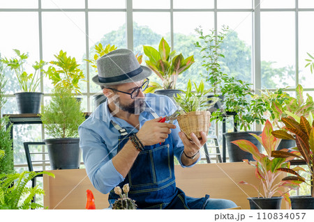 Hipster elderly men take care of the trees, pruning trees with scissors as a hobby of urban home gardening after sustainable retirement Hipster elderly men take care of the trees, pruning trees with scissors as a hobby of urban home gardening after sustainable retirement 110834057