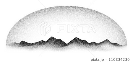 Grain stippled mountain range. Dotted landscape terrain silhouette. Black white grainy hill chain. Grunge noise textured background. Pointillism texture wallpaper. Vector dot work style illustration 110834230