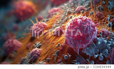 Microscopic view of tumor cells. Generative AI. Microscopic view of tumor cells. Generative AI. 110834344