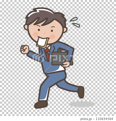 Illustration of a male businessman running in a hurry while holding a piece of bread in his mouth 110834584