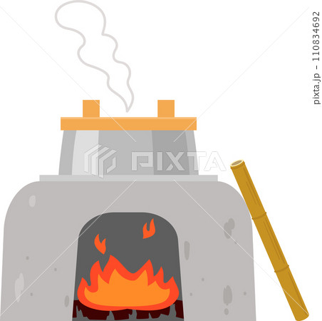 羽釜を火にかけた竈 110834692
