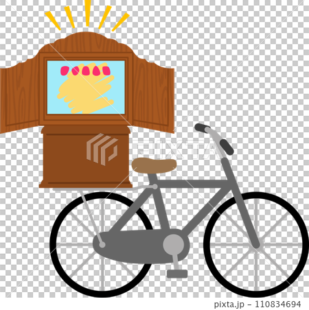 A picture-story show frame placed on the carrier of a bicycle A picture-story show frame placed on the carrier of a bicycle 110834694