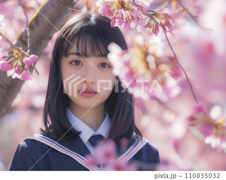 桜並木と女子生徒　入学卒業イメージ（AI生成画像） 110835032