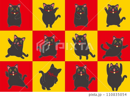 招き猫_黒まねき猫_セット_赤黄色背景あり 110835054