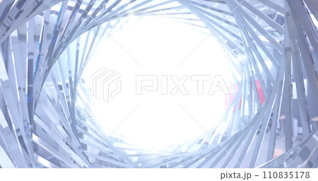 Abstract metallic shiny silver chrome polyhedral tunnel frame made of lines of hexagonal edges, mechanical high-tech tunnel futuristic, abstract background 110835178