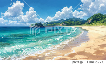 南国の島の浜辺と青い空のイラスト