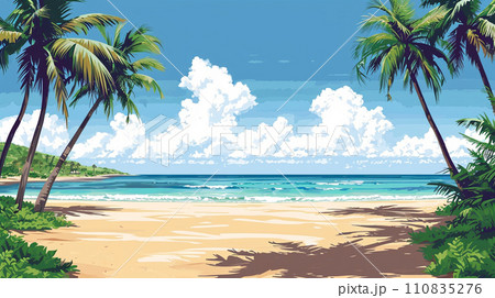 南国の島の浜辺と青い空のイラスト