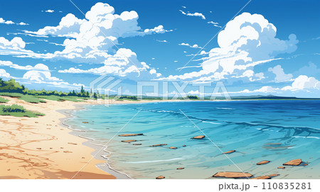 南国の島の浜辺と青い空のイラスト