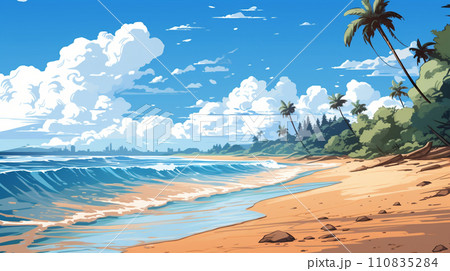 南国の島の浜辺と青い空のイラスト