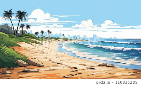 南国の島の浜辺と青い空のイラスト 110835285