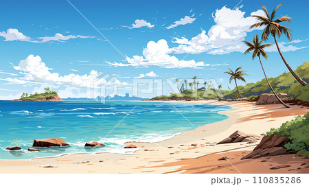 南国の島の浜辺と青い空のイラスト