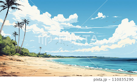 南国の島の浜辺と青い空のイラスト