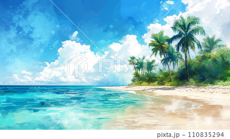 南国の島の浜辺と青い空のイラスト