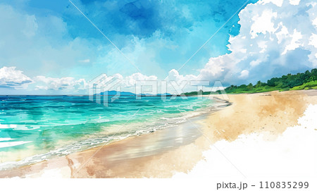 南国の島の浜辺と青い空のイラスト