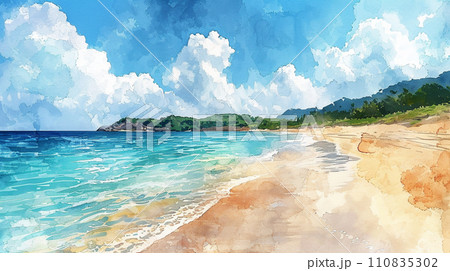 南国の島の浜辺と青い空のイラスト