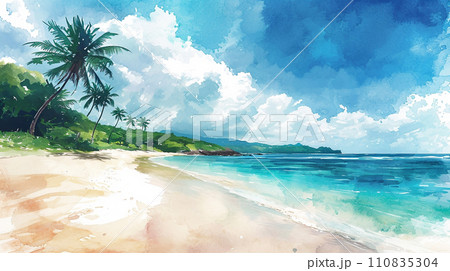 南国の島の浜辺と青い空のイラスト