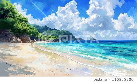 南国の島の浜辺と青い空のイラスト