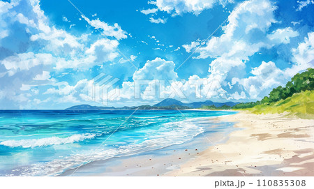 南国の島の浜辺と青い空のイラスト
