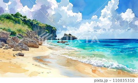 南国の島の浜辺と青い空のイラスト 110835310