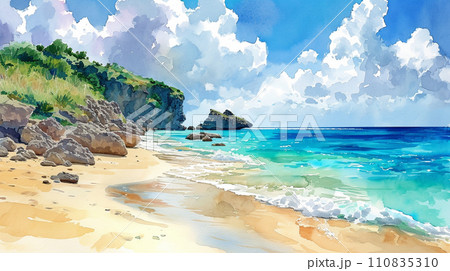 南国の島の浜辺と青い空のイラスト