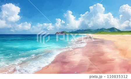南国の島の浜辺と青い空のイラスト