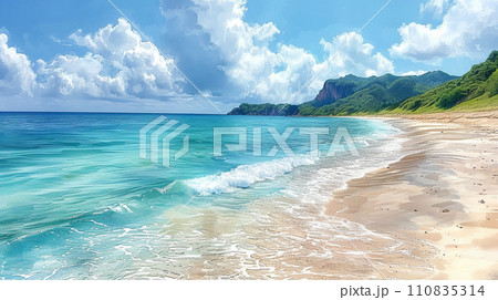 南国の島の浜辺と青い空のイラスト
