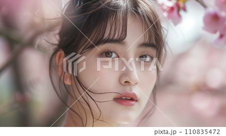 桜並木に立つ若い日本女性　春爛漫（AI生成画像） 110835472
