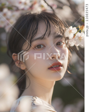 桜並木に立つ若い日本女性　春爛漫（AI生成画像） 110835473