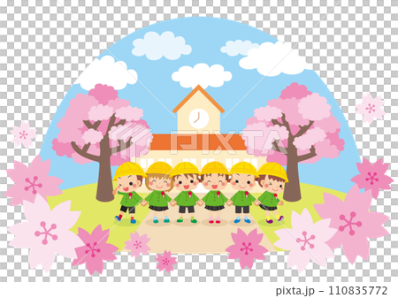 可愛的畢業生在幼兒園前牽手的插圖背景景觀白色背景設計剪貼畫圓頂形狀 可愛的畢業生在幼兒園前牽手的插圖背景景觀白色背景設計剪貼畫圓頂形狀 110835772