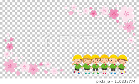 Illustration of cute graduates holding hands Frame template Copy space Cherry blossoms White background Horizontal 110835774