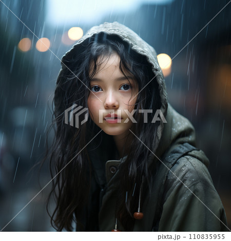 AI画像生成 雨の降る夜の街に立つ少女 110835955