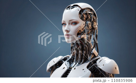 Modern female robot in an artificial intelligence image with wires and circuits on a digital background. AI generated 110835986