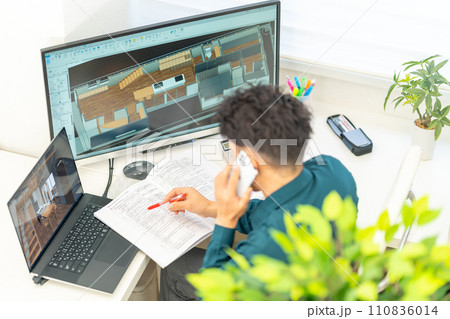 三次元CAD　立体的　3DCG　建築設計　住宅　内観　1人　スマホ 110836014