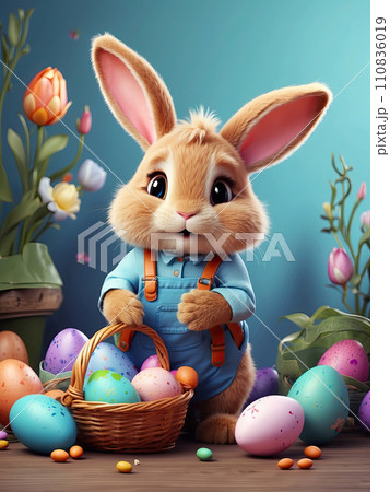A cute Easter bunny with a basket of eggs and spring flowers is an illustration of a children's character, a traditional holiday card. AI generated 110836019