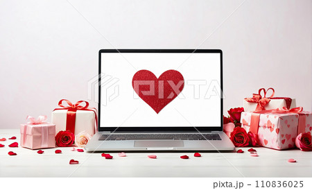 Laptop with a picture on a table with a Valentine's day decor with heart-shaped balloons, petals and a bouquet of flowers. Online greetings, festive remote work, shopping. AI generated Laptop with a picture on a table with a Valentine's day decor with heart-shaped balloons, petals and a bouquet of flowers. Online greetings, festive remote work, shopping. AI generated 110836025