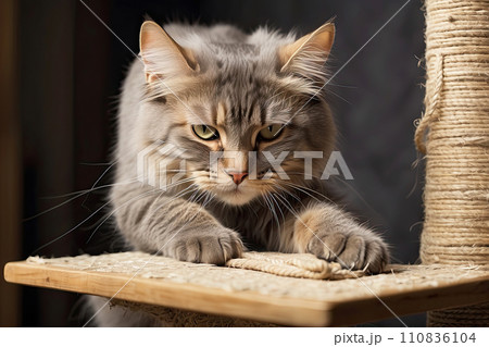 A domestic cat sharpens its claws on a scratching post in the interior of the house. Protection from damage to furniture by a pet, upbringing and needs. AI generated 110836104