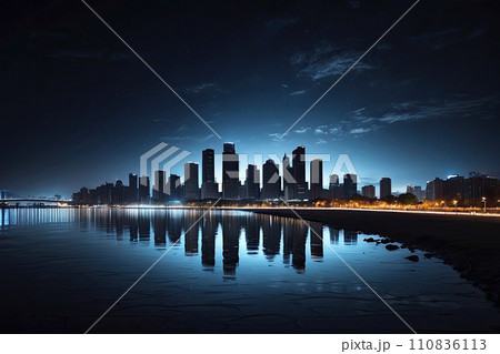 The silhouette of a modern city with multi-storey buildings at sunset in the evening. AI generated 110836113