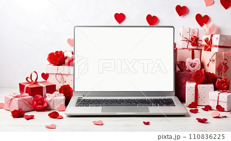 Laptop a white screen mock up on a table with a Valentine's day decor with heart-shaped balloons, petals and a bouquet of flowers. Online greetings, festive remote work, shopping. AI generated 110836225