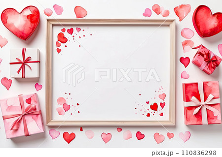 Watercolor frame with Valentine's day gift and hearts on a white background. Love background, greeting card, date invitation, wedding. The banner frame with copy space. AI generated Watercolor frame with Valentine's day gift and hearts on a white background. Love background, greeting card, date invitation, wedding. The banner frame with copy space. AI generated 110836298