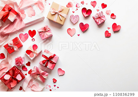 Watercolor box with Valentine's day gift and hearts on a white background. Love background, greeting card, date invitation, wedding. The banner with copy space. AI generated 110836299