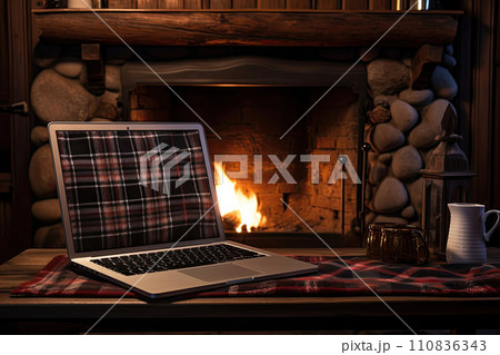 Laptop with a picture of a bonfire screen, indoor near burning fireplace in rustic style, with cozy blanket and cup of coffee. Seasonal remote work, internet, shopping. 110836343