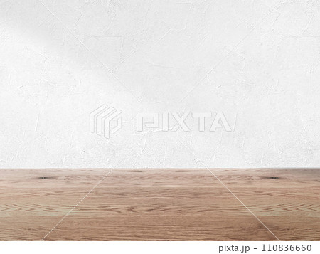 白い壁とナチュラルで茶色い木目の床の背景画像素材、淡い影が入った壁とフローリングのバックグラウンド、 110836660