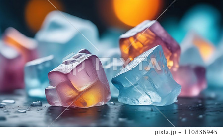 Ice cubes on a dark background, close-up, selective focus. Generative AI 110836945