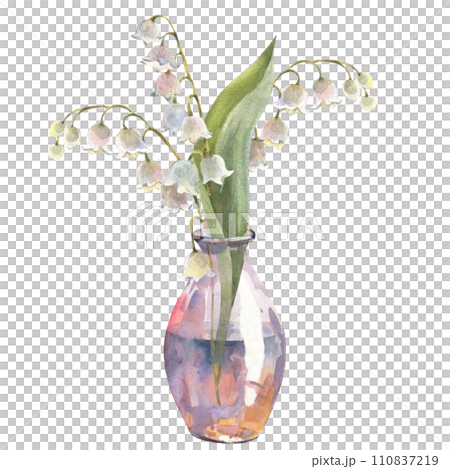 Watercolor illustration. Lilies of the valley. Bouquet in a glass vase. White spring flowers. Design for printing postcards, invitations to weddings, birthdays, spring and summer holidays, Easter 110837219