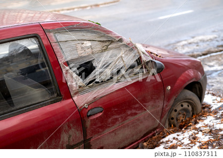 Car after accident. dirty and rusty car. Broken and ugly car 110837311