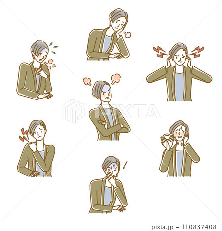 更年期障害の女性に起こる症状のイラストセット 更年期障害の女性に起こる症状のイラストセット 110837408