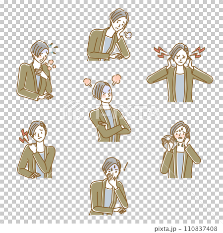 更年期障害の女性に起こる症状のイラストセット 更年期障害の女性に起こる症状のイラストセット 110837408